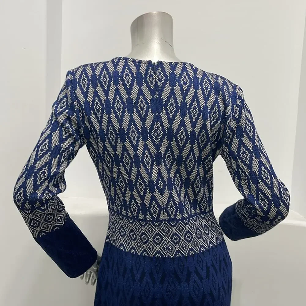 St. John Evening Diamond Jacquard Knit Maxi Dress Navy Blue Silver Long Sleeve 4 - Picture 11 of 14